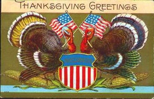 Vintage Thanksgiving Greetings Card with Patriotic Turkeys