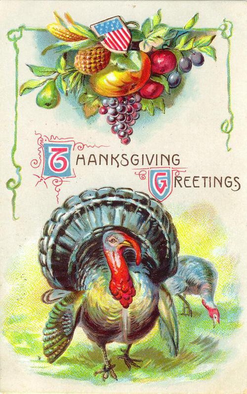 Victorian Thanksgiving Greetings Card with Turkey & Harvest Produce