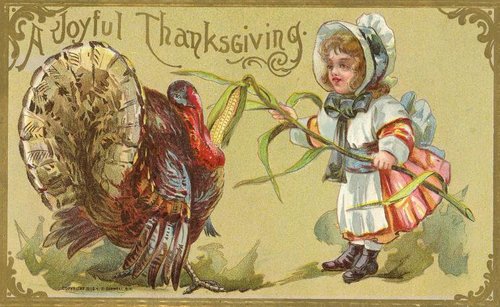 Vintage Victorian Thanksgiving Card: Girl with Turkey & Corn