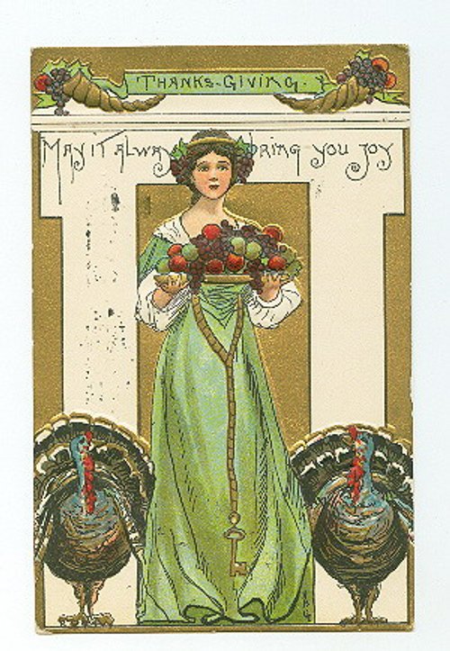 Vintage Thanksgiving Greeting Card Art Nouveau Woman with Turkeys