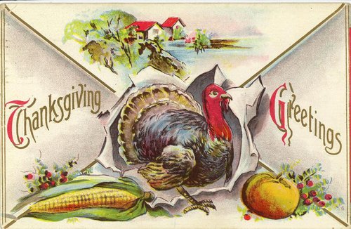 Victorian Thanksgiving Greetings Card with Turkey & Harvest