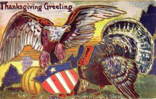 Vintage Thanksgiving Greeting Card with Eagle & Turkey, Early 1900s