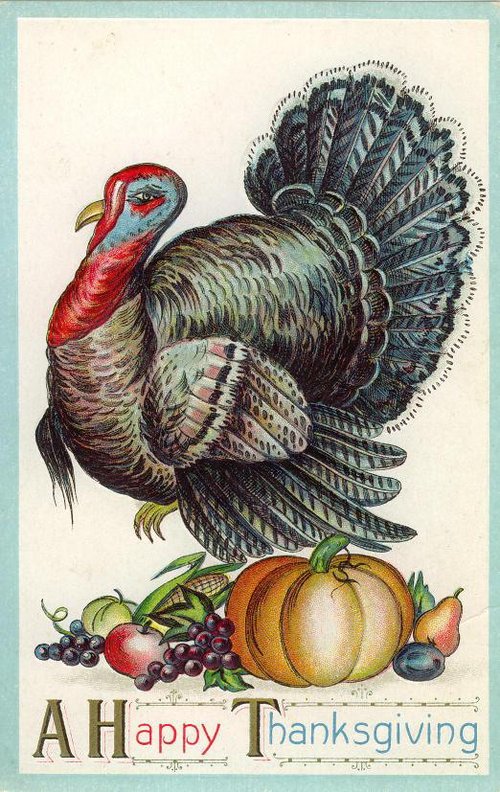 Vintage Thanksgiving Greeting Card with Turkey & Harvest