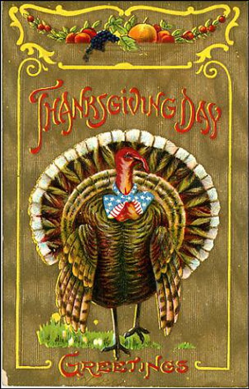 Victorian Thanksgiving Day Greeting Card with Turkey & Fruit