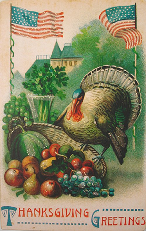 Victorian Thanksgiving Greetings Card with Turkey & American Flags