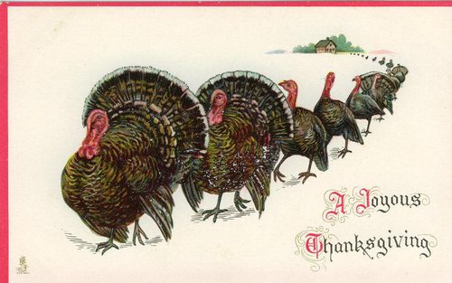 Vintage Thanksgiving Greeting Card with Turkey Procession, Victorian Era