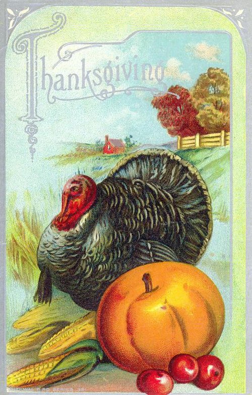 Vintage Thanksgiving Greeting Card with Turkey & Harvest, Victorian Era