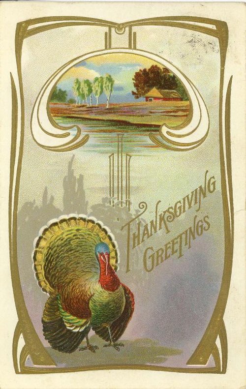 Vintage Thanksgiving Greeting Card Art Nouveau Rural Landscape Turkey