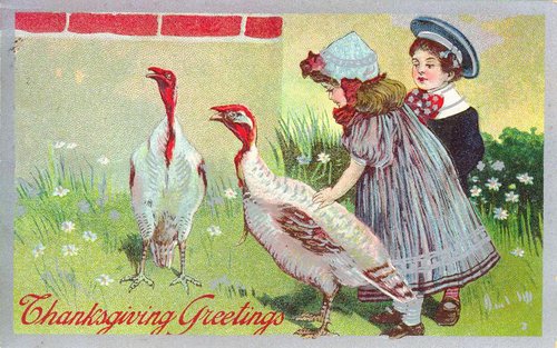 Victorian Thanksgiving Greetings Card with Children & Turkeys