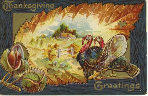 Vintage Thanksgiving Greeting Card with Turkey & Harvest Leaves