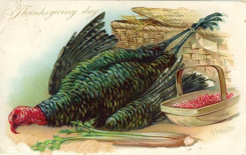 Victorian Thanksgiving Turkey Greeting Card with Harvest Basket