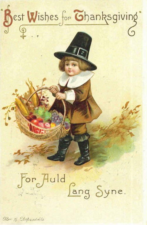 Victorian Thanksgiving Greeting Card: Pilgrim Child with Harvest Basket
