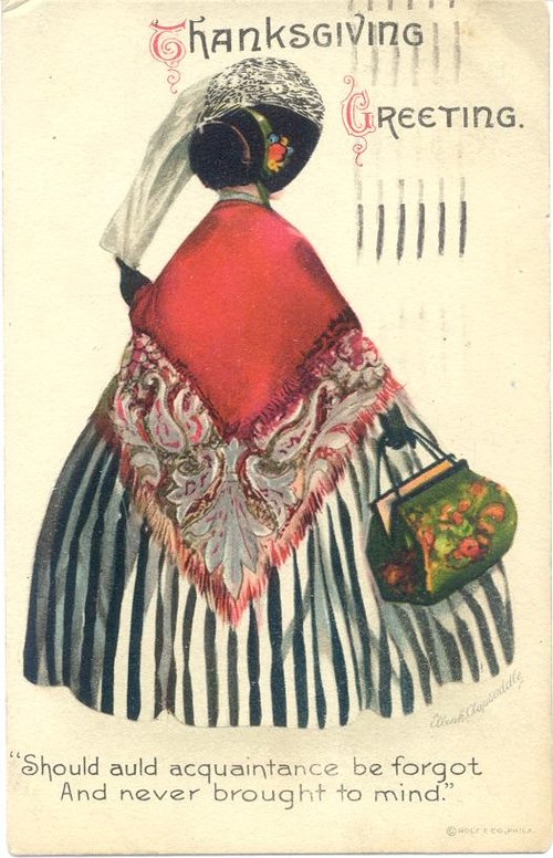 Vintage Thanksgiving Greeting Card with Woman in Red Shawl