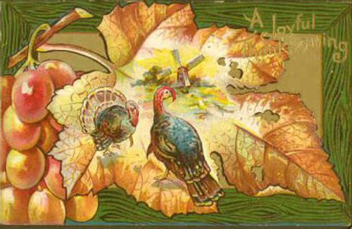 Victorian Autumn Harvest Greeting Card with Turkey & Grapes