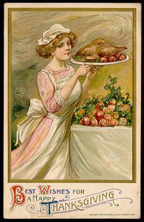Vintage Thanksgiving Greeting Card: Woman with Harvest Abundance