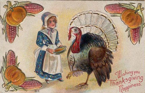 Vintage Thanksgiving Greeting Card Turkey & Pilgrim Woman