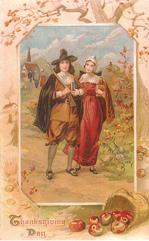 Victorian Thanksgiving Day Greeting Card with Pilgrims