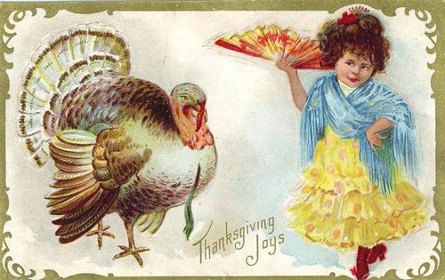 Vintage Thanksgiving Joy Greeting Card with Turkey & Girl