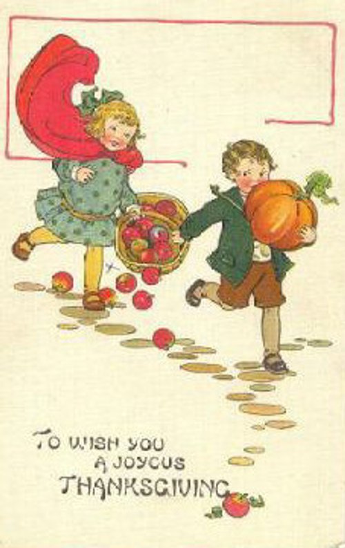 Vintage Thanksgiving Greeting Card with Children and Apples