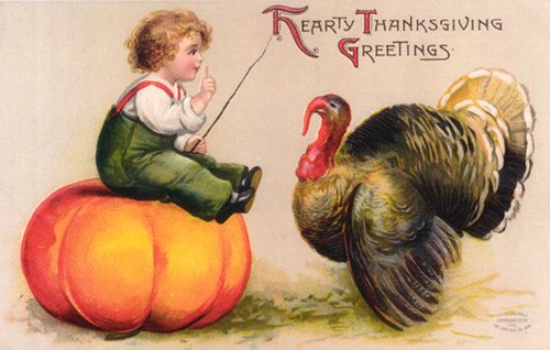 Hearty Thanksgiving Greetings Vintage Card with Child & Turkey