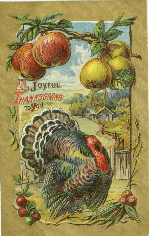 Vintage Thanksgiving Greeting Card with Turkey and Apples