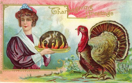 Victorian Thanksgiving Greeting Card with Woman and Turkey