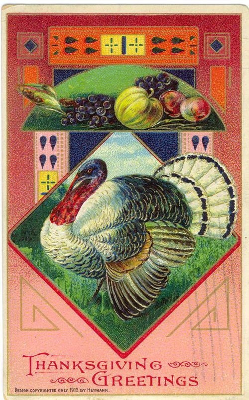 Vintage 1912 Thanksgiving Greeting Card with Turkey & Harvest Fruits