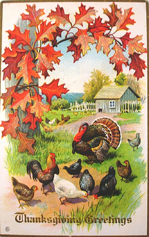 Vintage Thanksgiving Greetings Card with Fall Foliage and Farm Poultry