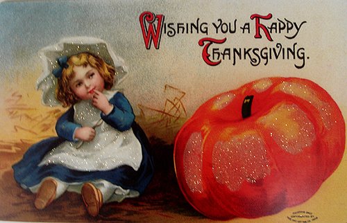 Vintage Victorian Thanksgiving Card with Child and Giant Pumpkin