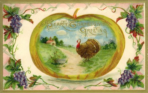 Early Thanksgiving Greeting Card Victorian Turkey & Grapes