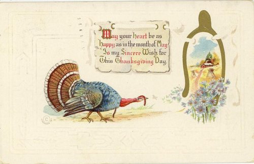 Victorian Thanksgiving Greeting Card with Turkey & Flowers