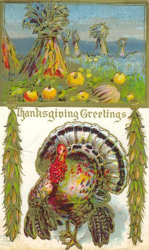 Victorian Thanksgiving Greetings Card Turkey Harvest Scene
