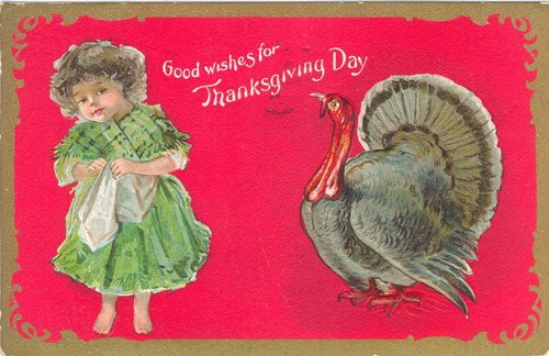 Victorian Thanksgiving Greeting Card with Girl and Turkey