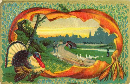 Victorian Turkey Greeting Card Die-Cut Pastoral Landscape