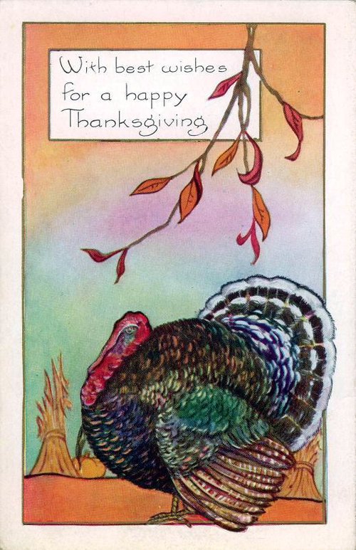 Vintage Thanksgiving Greeting Card with Turkey & Autumn Leaves