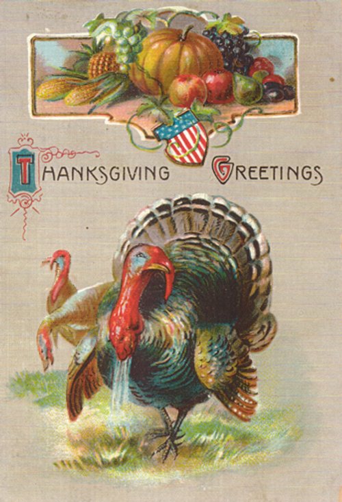 Victorian Thanksgiving Greetings Card with Turkey & Harvest Produce