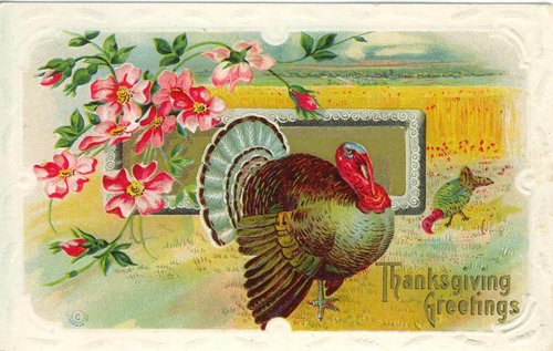 Vintage Thanksgiving Greeting Card with Turkey and Pink Flowers
