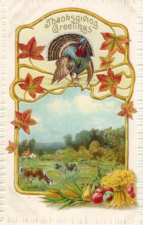 Vintage Thanksgiving Greeting Card with Turkey and Autumn Harvest