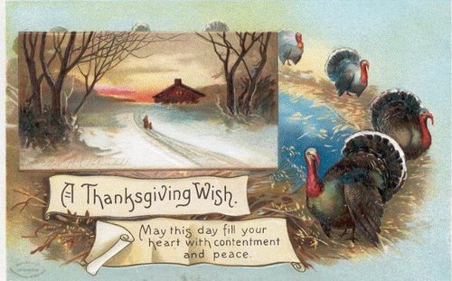 Victorian Thanksgiving Wish Card with Turkeys & Winter Scene