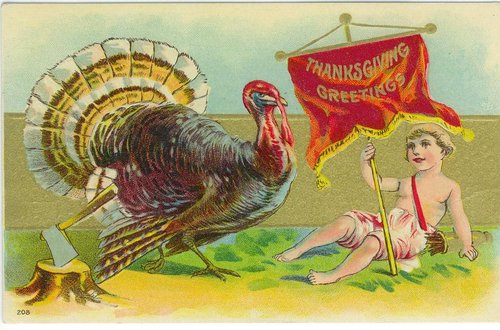 Edwardian Thanksgiving Greeting Card with Cherub & Turkey