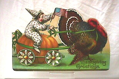 Vintage Thanksgiving Greeting Card with Turkey & Flag-Waving Child in Witch Hat