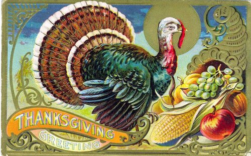 Vintage Thanksgiving Greeting Card with Turkey & Harvest | 1900s