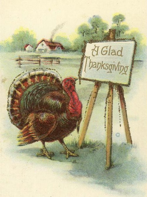 Vintage Thanksgiving Greeting Card with Turkey Farm Scene