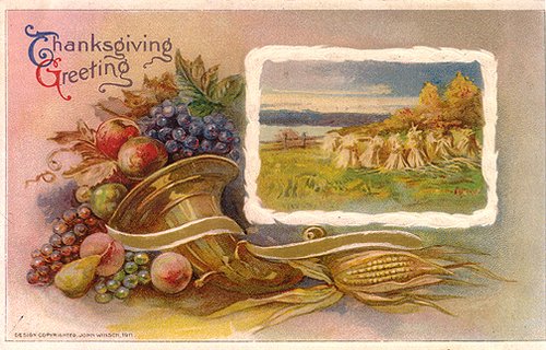 Victorian Thanksgiving Greeting Card with Harvest Cornucopia
