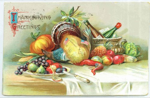 Victorian Thanksgiving Greetings Card with Turkey & Harvest Bounty