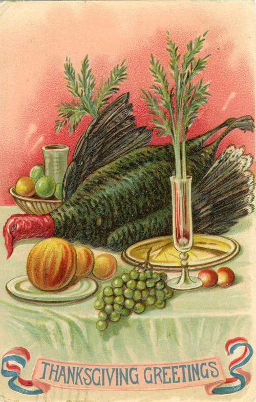 Vintage Thanksgiving Greetings Card with Turkey & Harvest