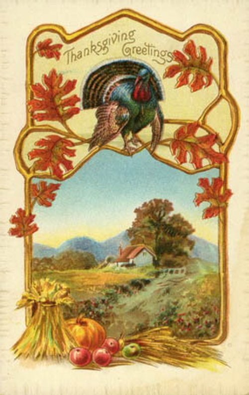 Victorian Thanksgiving Greetings Turkey Card with Autumn Harvest