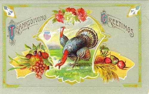 Vintage Thanksgiving Greetings Card with Turkey & Harvest