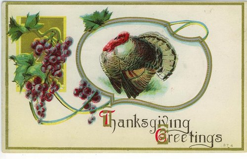 Victorian Thanksgiving Greetings Card with Turkey & Grapes