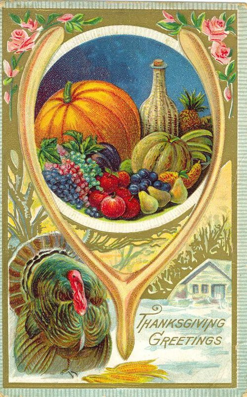 Victorian Thanksgiving Greeting Card with Turkey & Harvest Fruit